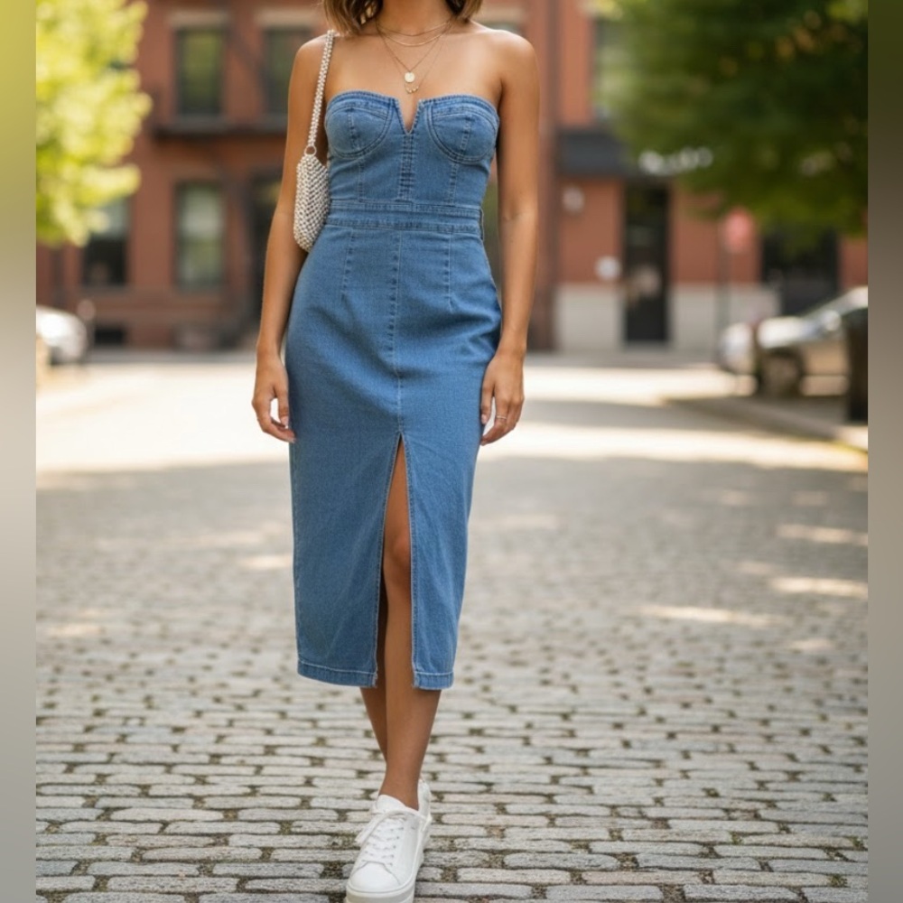 Sweetheart Strapless Denim Midi Dress in Blue